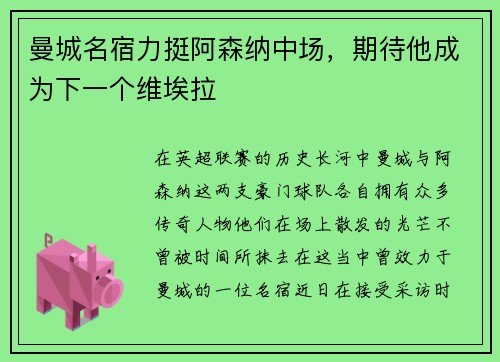 曼城名宿力挺阿森纳中场，期待他成为下一个维埃拉